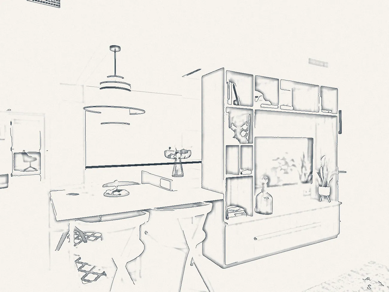 Boceto del mueble a medida de nogal para el salón del piso tetris