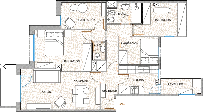 Plano de la vivienda de Cornellà antes de la reforma: cocina cerrada al fondo del pasillo